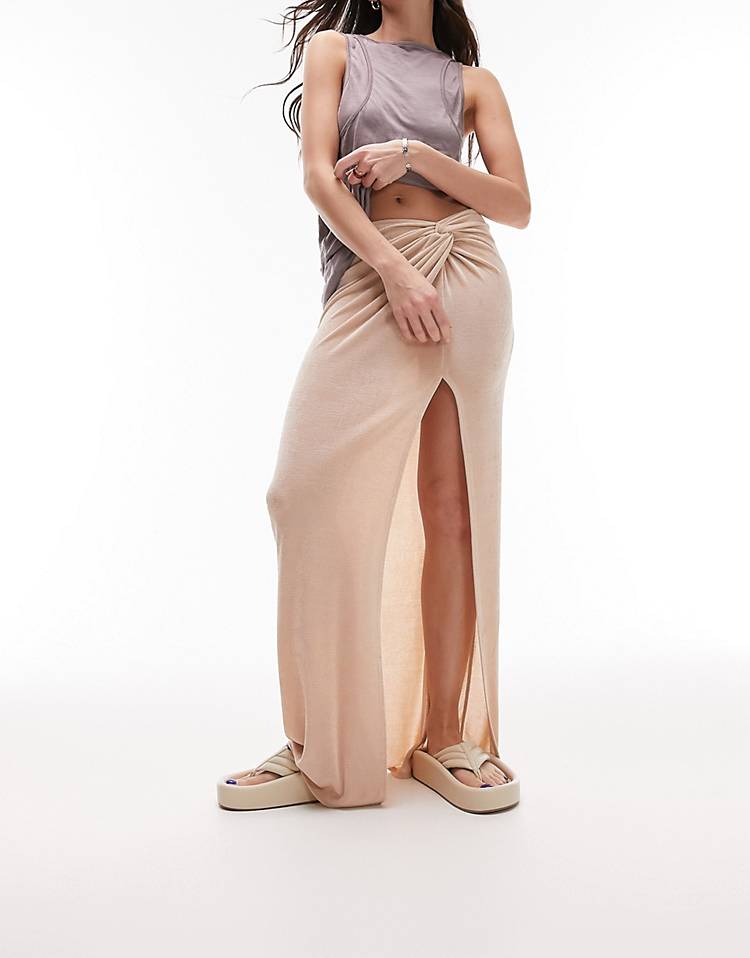 Topshop slinky twist front maxi skirt in stone